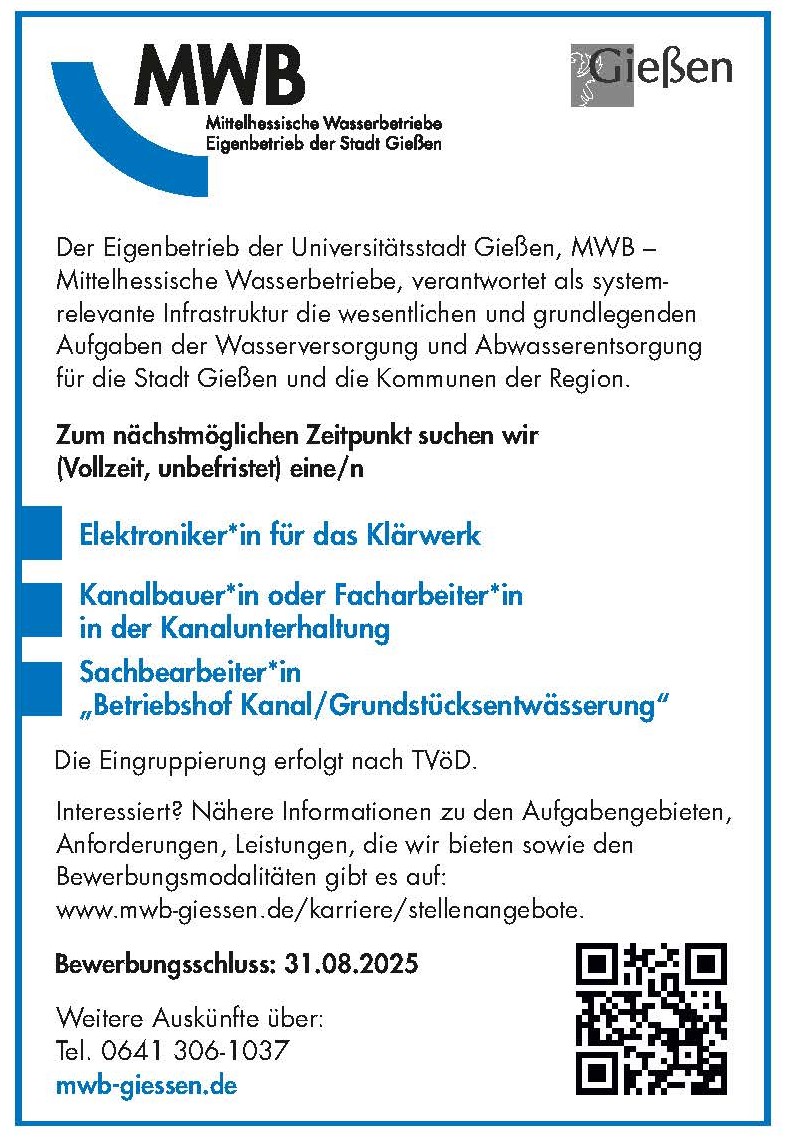 MWB Stellenanzeige 090825 310825 ElektronikerKLW Kanalbauer SB BHK GEW
